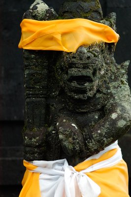 In the biggest temple in Bali, the rain has just washed everything clean. A yellow sash adorns the statue and creates a beautiful contrast to the moss covered dark stone.