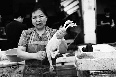 Holding a plucked chicken in her hand, this market woman wanted me to buy, but I was not in the mood. Stained styrofoam containers, contrast with the clean chicken.